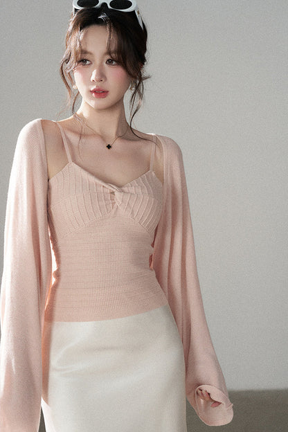 V-Neck Knitted Cardigan and Camisole Set-Up