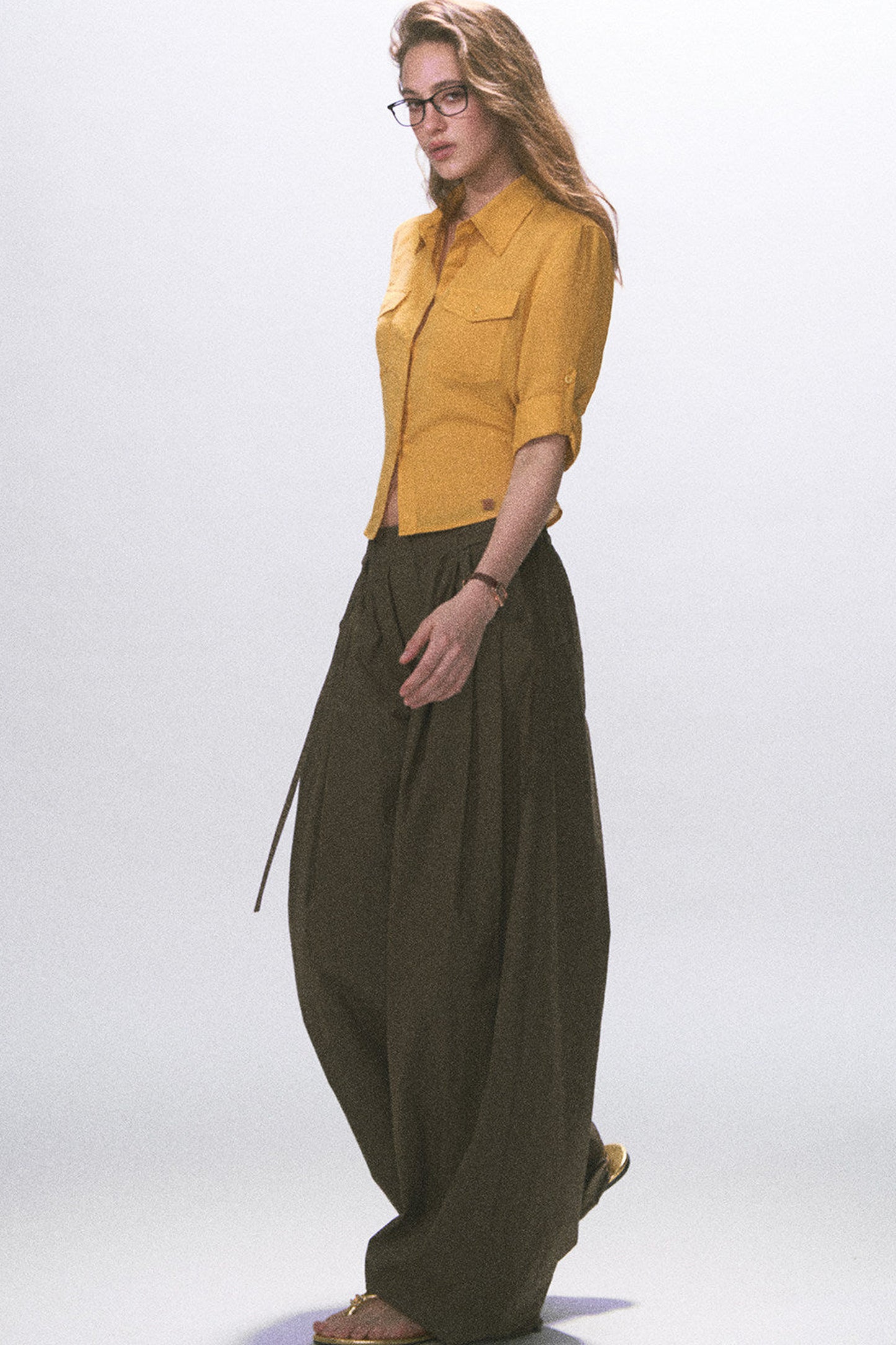 Wrinkled Twill Wide-Leg Pants