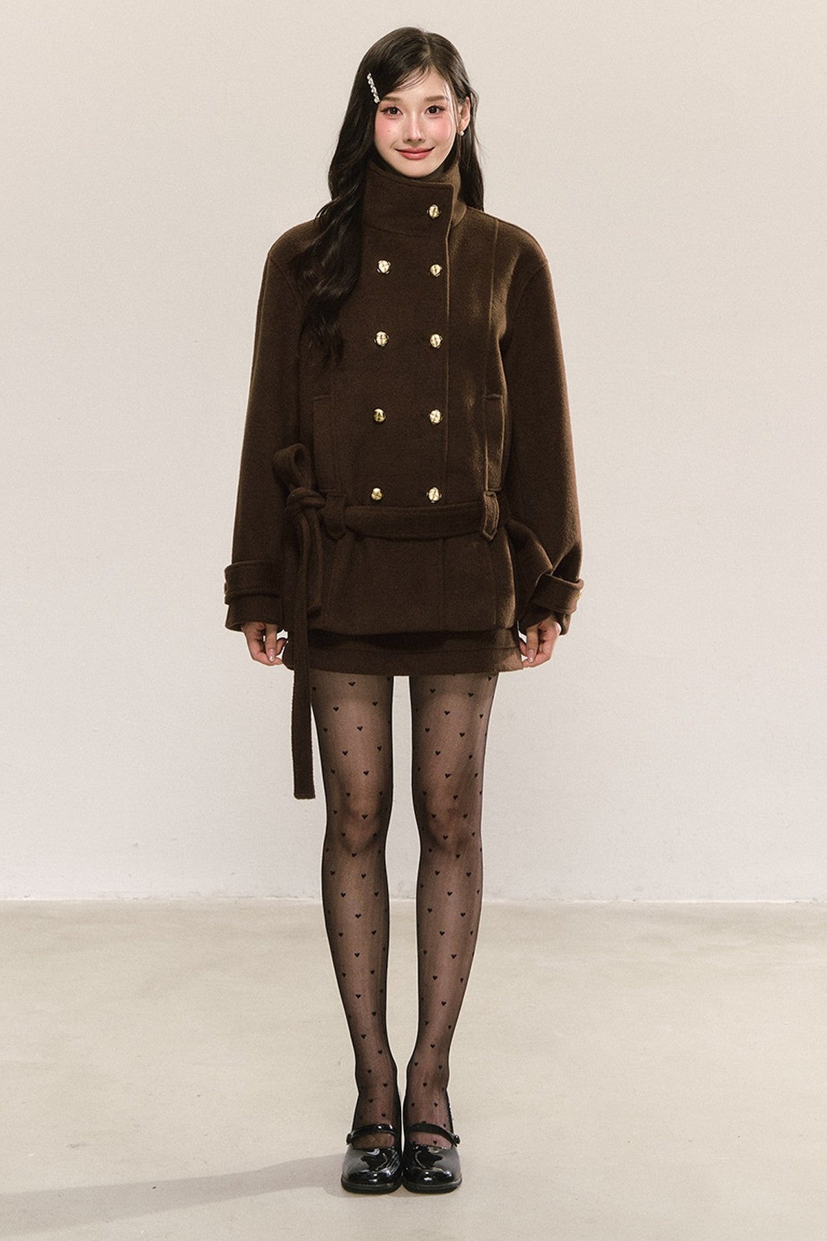 Elegant Double-Breasted Woolen Coat and Skirt Set-Up