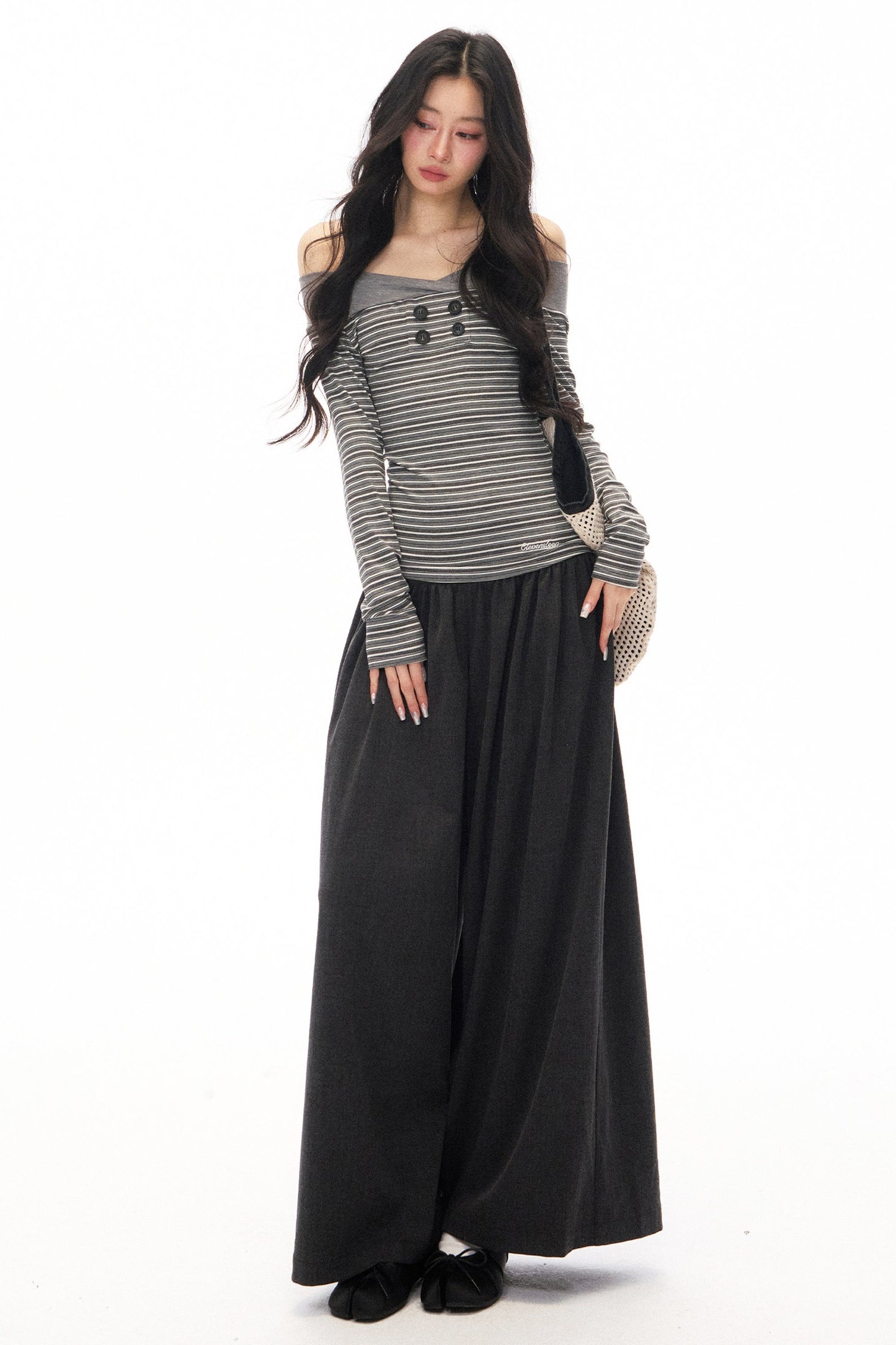 Striped Off-Shoulder Knit Top and Jeans Set-Up