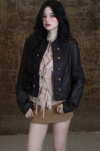 Napoleon Double-Breasted Short Leather Jacket