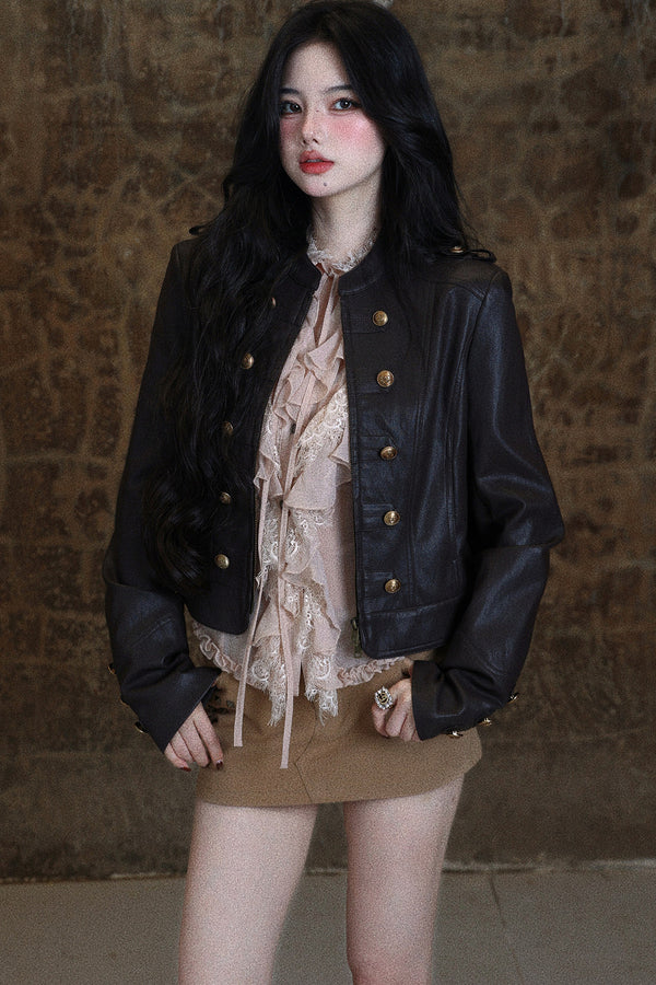 Napoleon Double-Breasted Short Leather Jacket