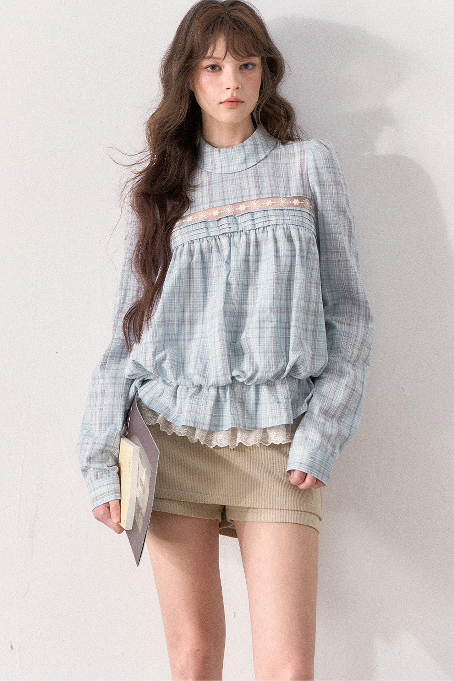 Mint Plaid Lace Blouse