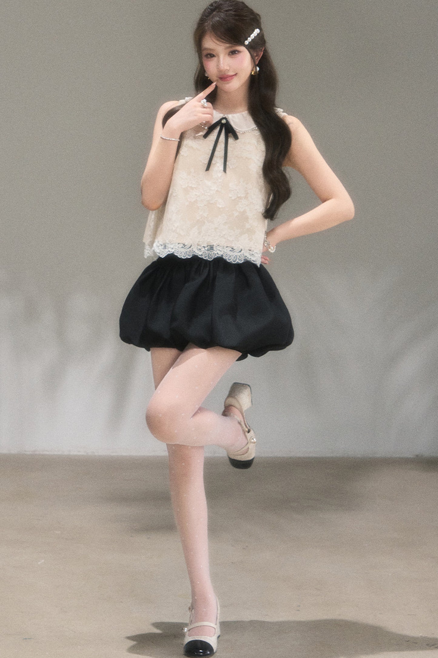 Doll Collar Lace Top and Floral Skirt Set-Up