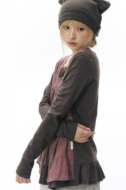 Striped Knit Patchwork Long-Sleeve Top