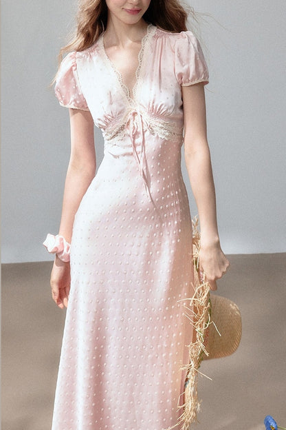 Polka Dot Satin Lace Long Dress