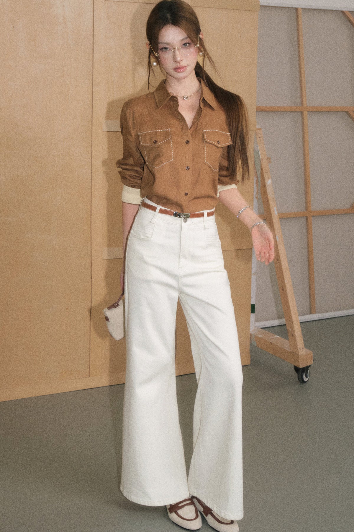 Color-Blocked Linen Shirt and White Pants Set-Up