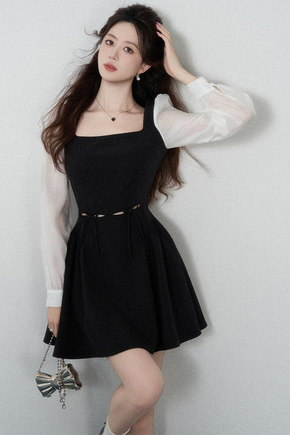 Black Square-Neck Hollow-Out Dress