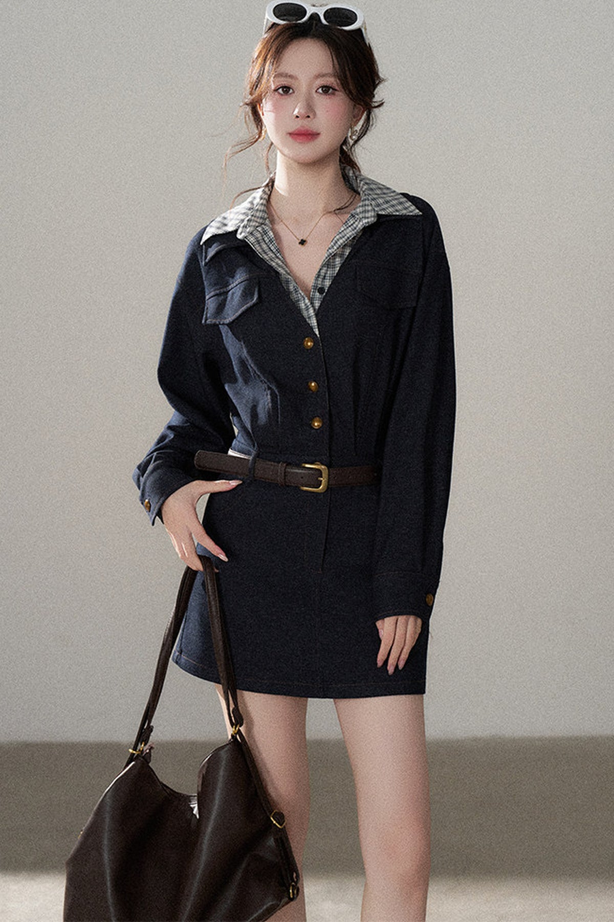 Robe trapèze taille haute à manches longues
