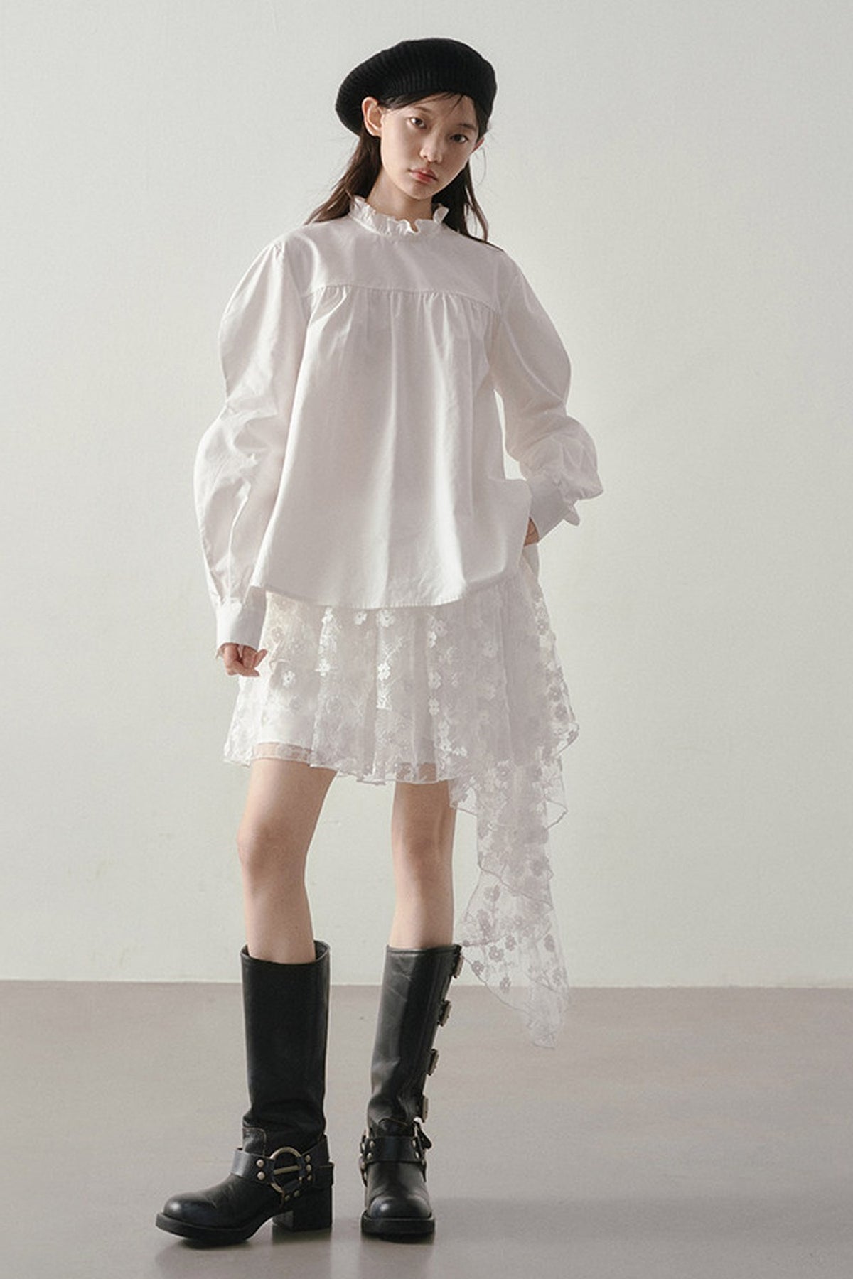 White Floral Lace Mesh High-Waisted Skirt