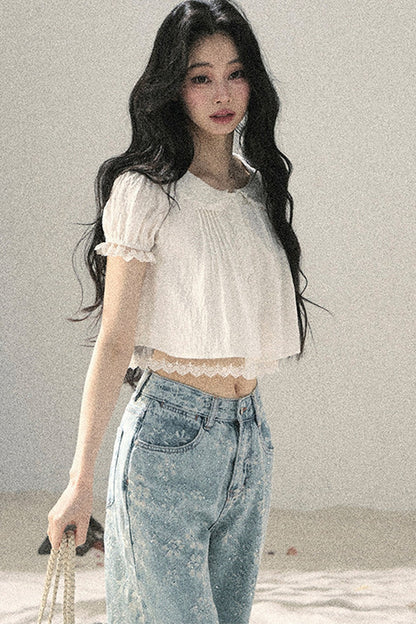 French Style Lace Puff Sleeve Blouse