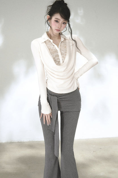 Lace Drape Collar Long-Sleeve Knit Top