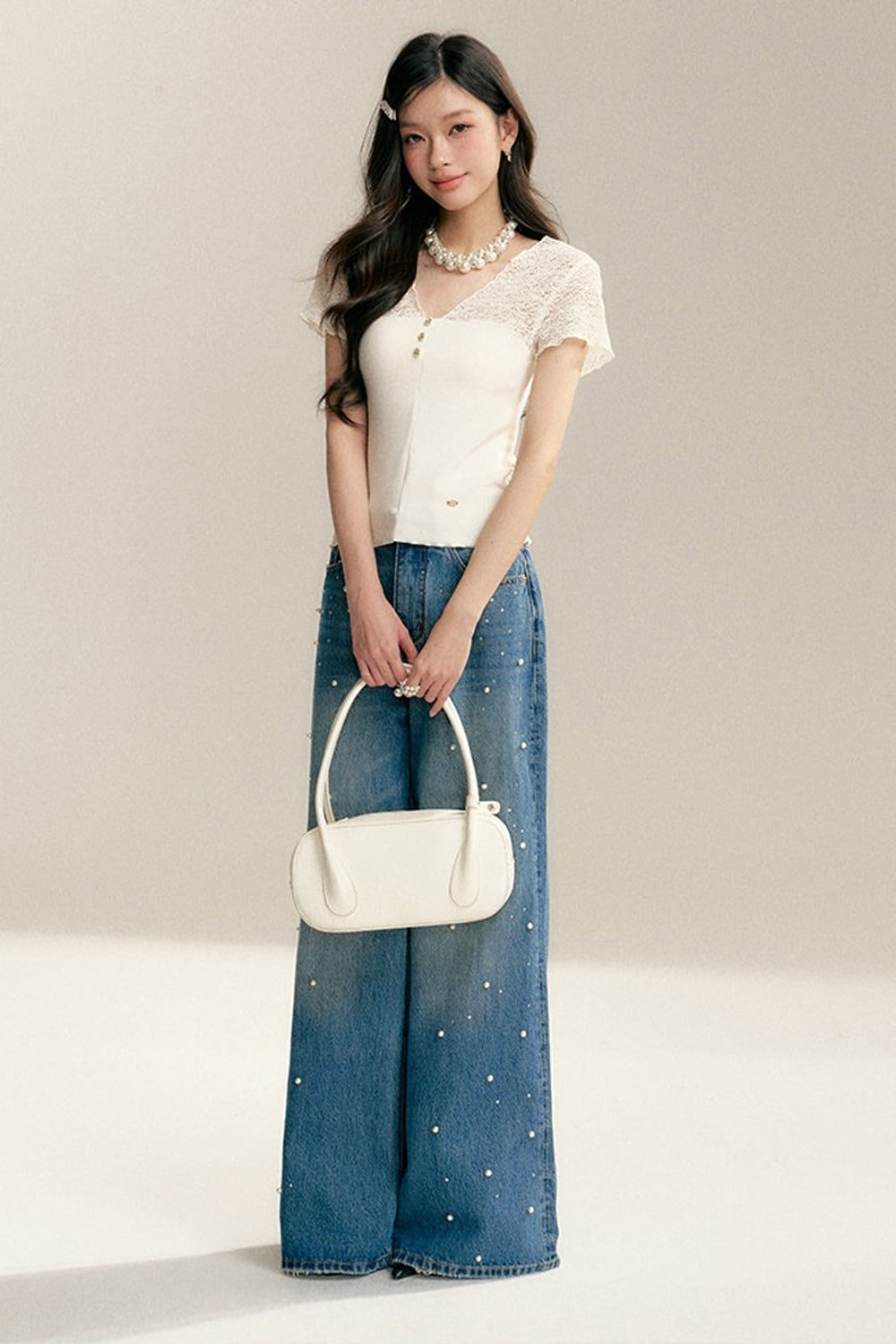 Pearl Rhinestone Wide Leg Jeans