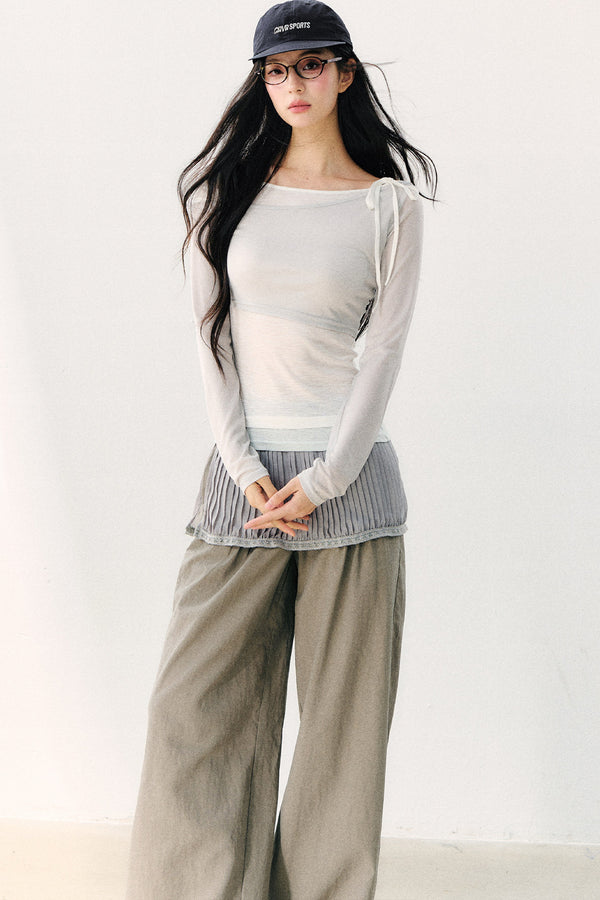 Asymmetric Off-Shoulder Tie-Up Color Block Long Sleeve Top