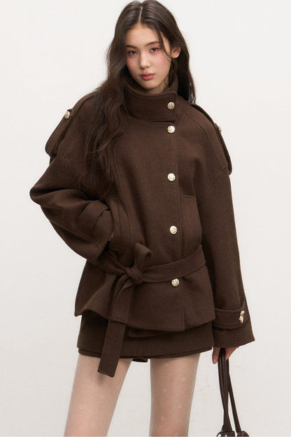 Stand-Collar Lace-Up Coat and Skirt Set-Up