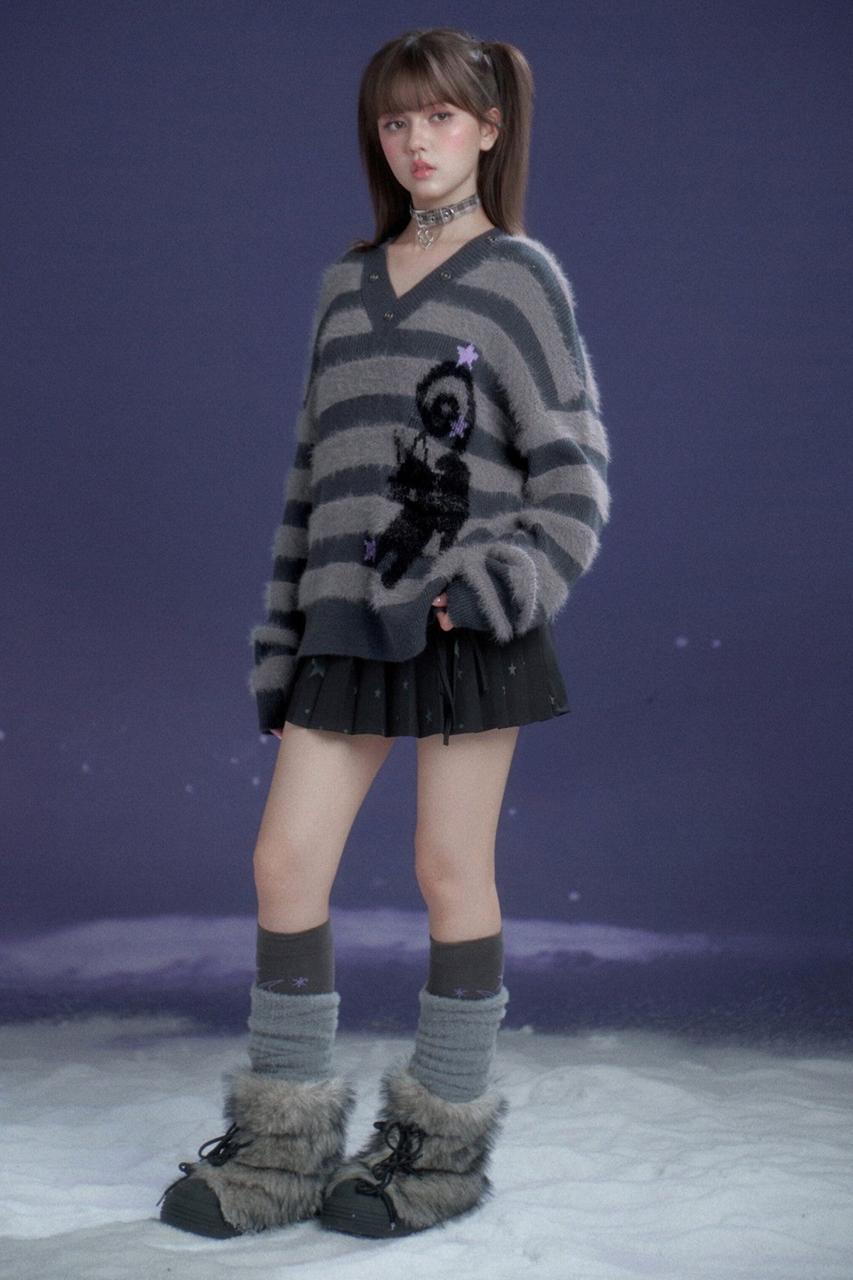 Halloween Meow Black Gray Striped Sweater With Scarf