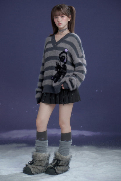 Halloween Meow Black Gray Striped Sweater With Scarf