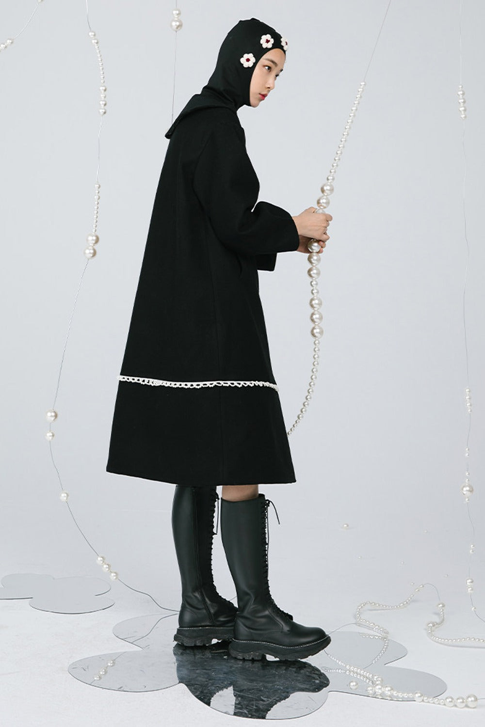 Black Pearl Lace Wool Coat