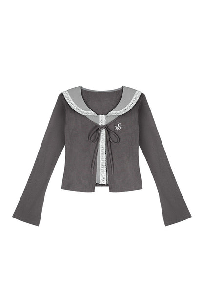 Gray Lace Sailor Collar Top and Skirt Set-Up