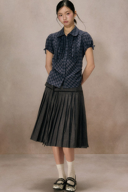Navy Plaid Ruffled Short Sleeve Shirt