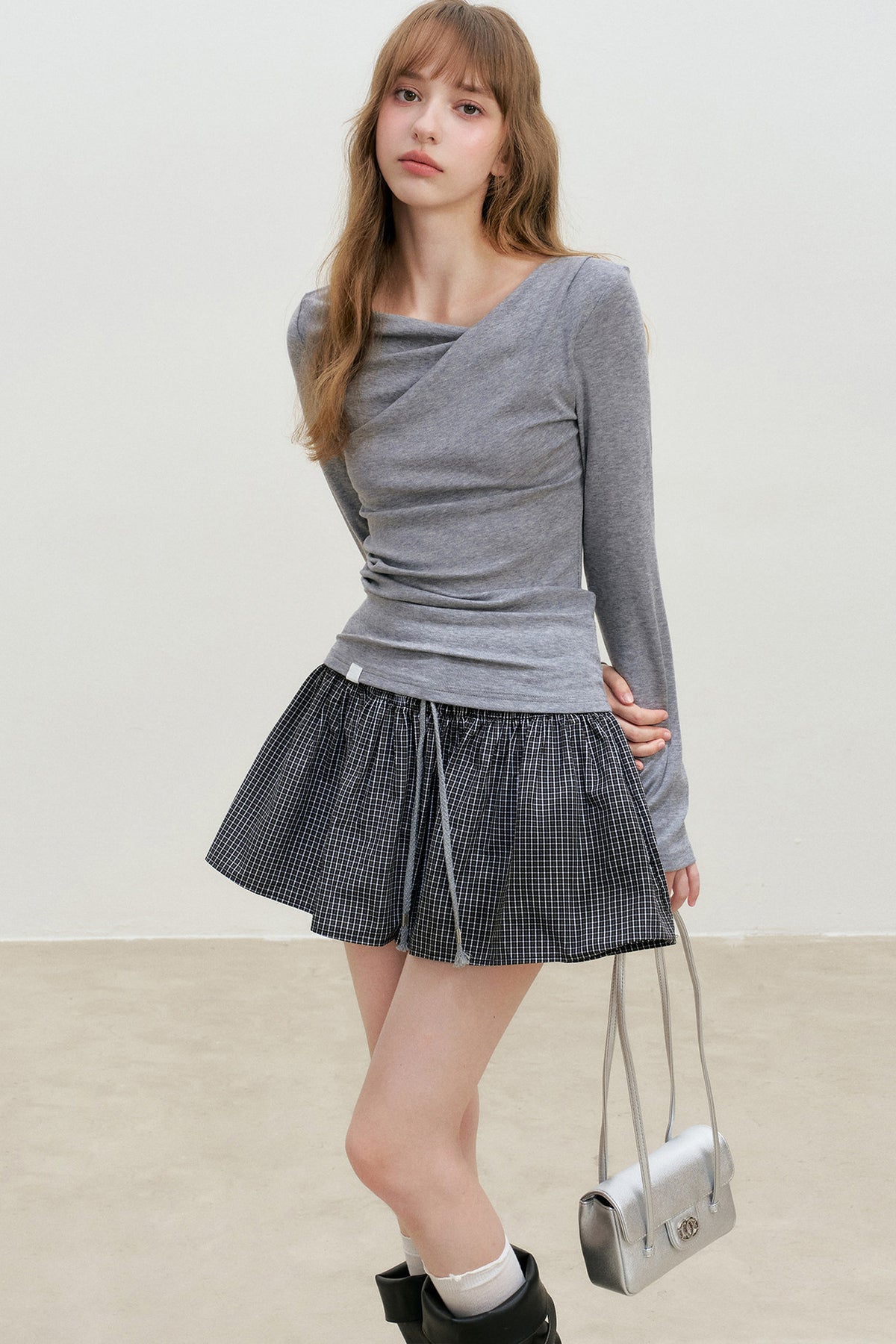 Lyocell Overlapping Pleated Long-Sleeve T-Shirt