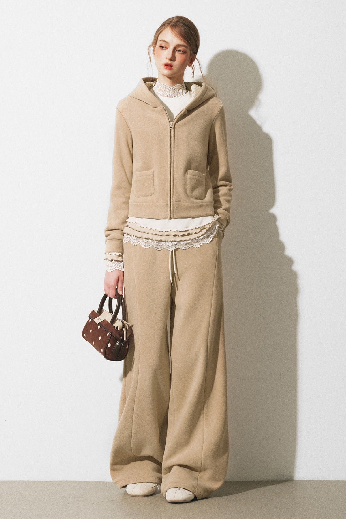 Oatmeal Fleece Hooded Sweatshirt Jacket and Wide-Leg Pants Set-Up