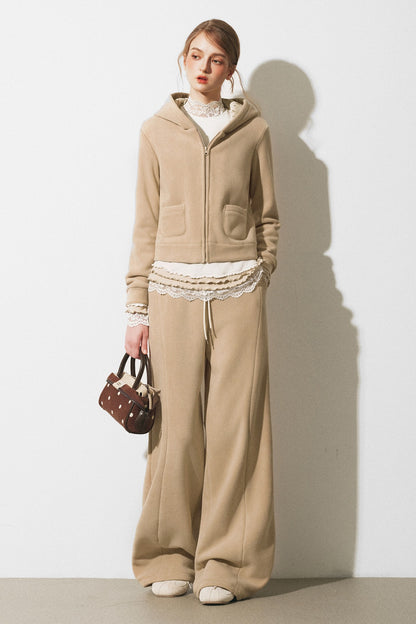 Oatmeal Fleece Hooded Sweatshirt Jacket and Wide-Leg Pants Set-Up