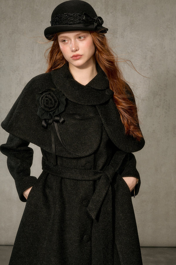 Floral Embroidered Long Woolen Cape Coat Set-Up