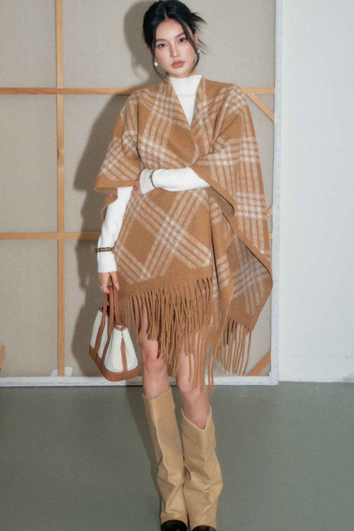 Tassel Plaid Scarf Cape Set-Up