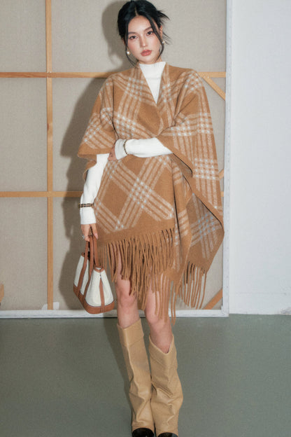 Tassel Plaid Scarf Cape Set-Up