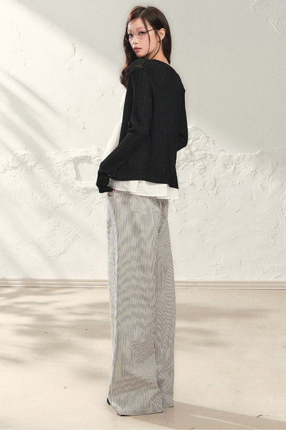 Striped Wide-Leg Pants, Cardigan and Top Set-Up