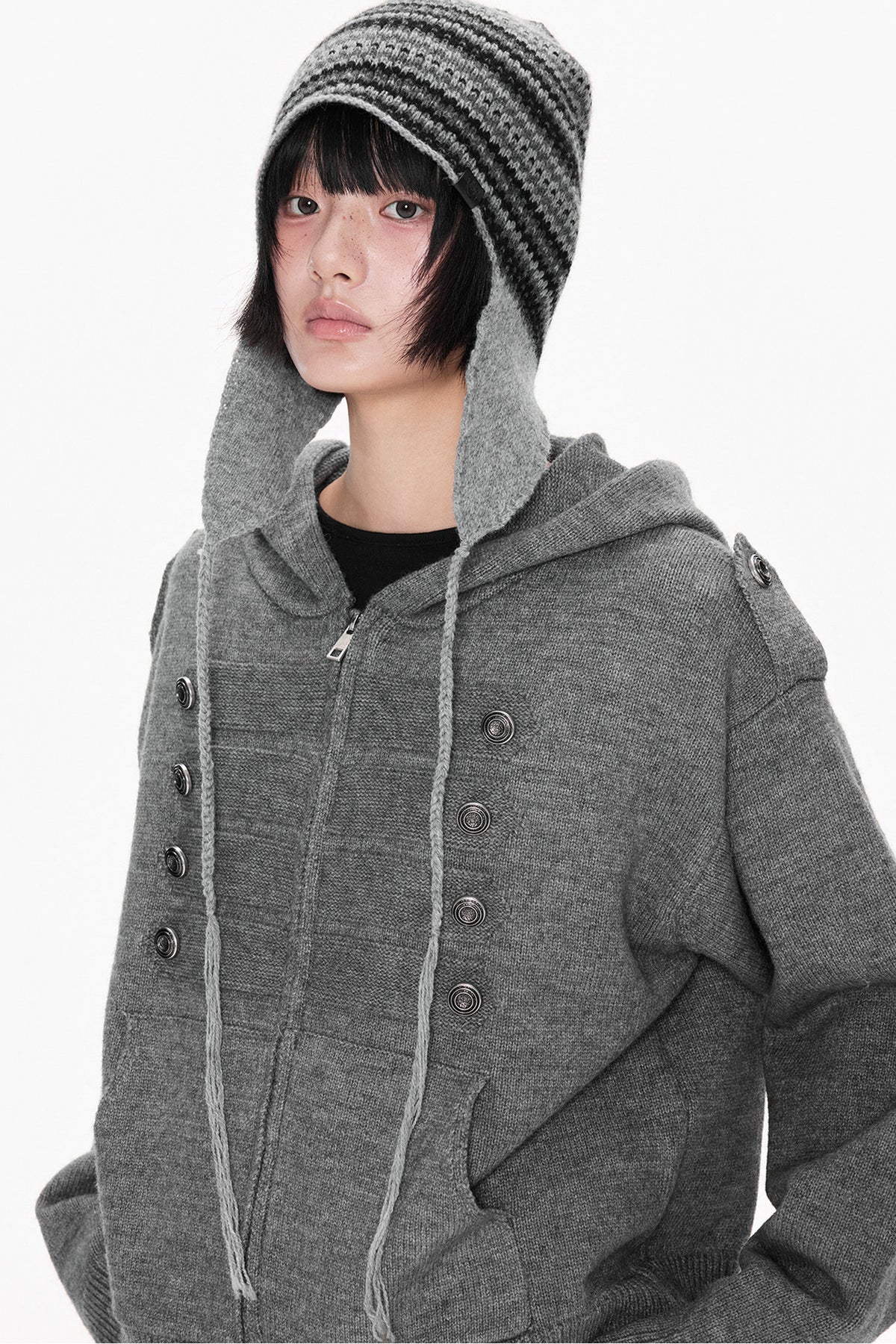 Hooded Zipper Knit Cardigan