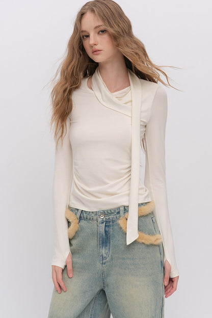 Irregular Ruched Halter Ribbon T-Shirt