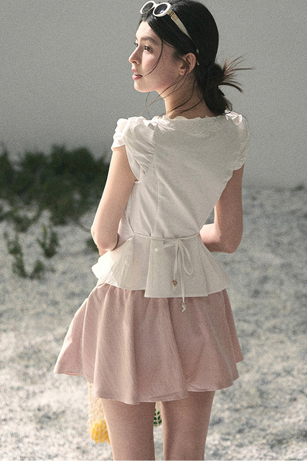 French V-Neck Lace Puff Sleeve Blouse