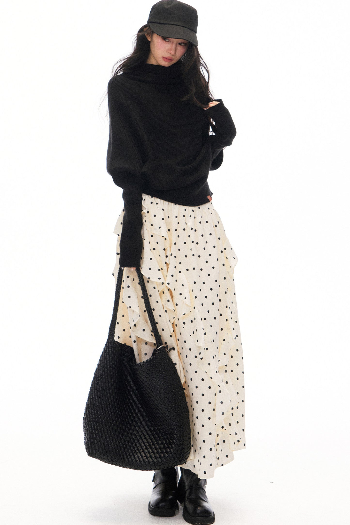 Batwing Knit Top and Polka Long Skirt Set-Up