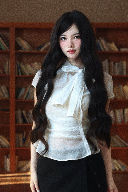 Slightly Sheer Waist-Cinching Cap Sleeve Shirt and Tube Top Set