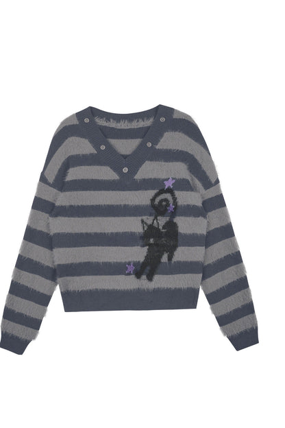 Halloween Meow Black Gray Striped Sweater With Scarf