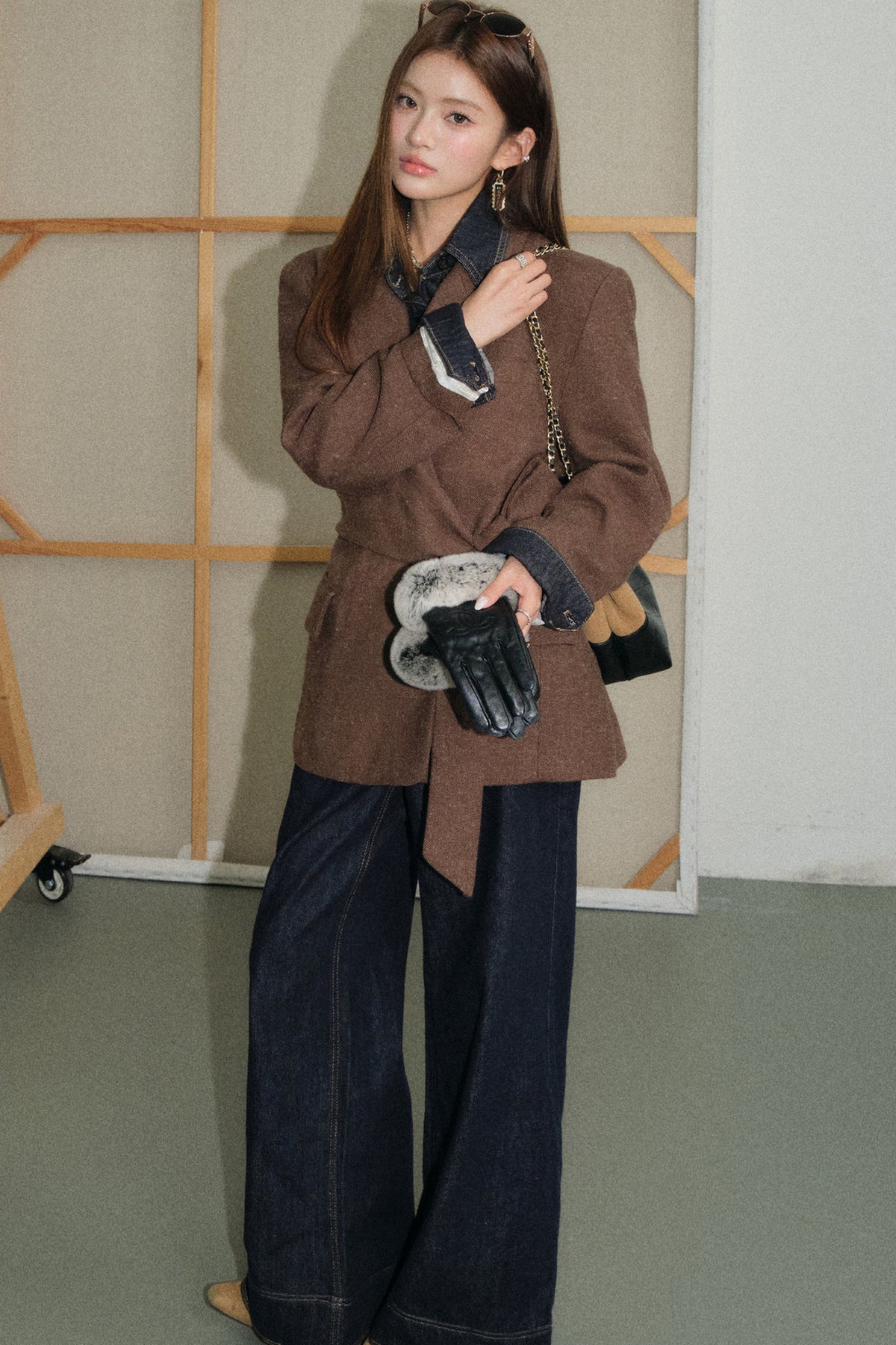 Coffee Lace-Up Woolen Linen Suit Jacket, Jeans and Top Set-Up