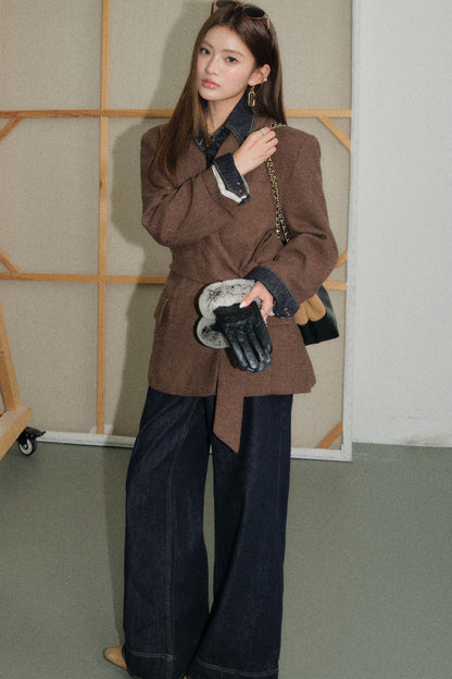 Coffee Lace-Up Woolen Linen Suit Jacket, Jeans and Top Set-Up
