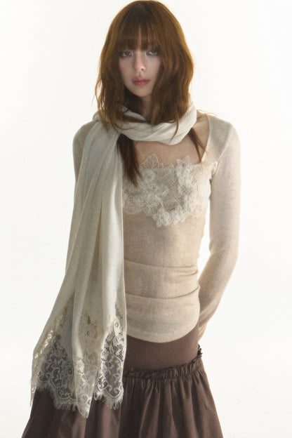 Long Lace Trim Silk Scarf Shawl