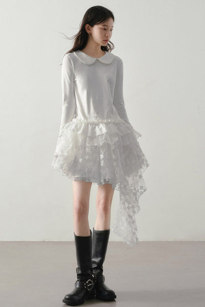 White Floral Lace Mesh High-Waisted Skirt
