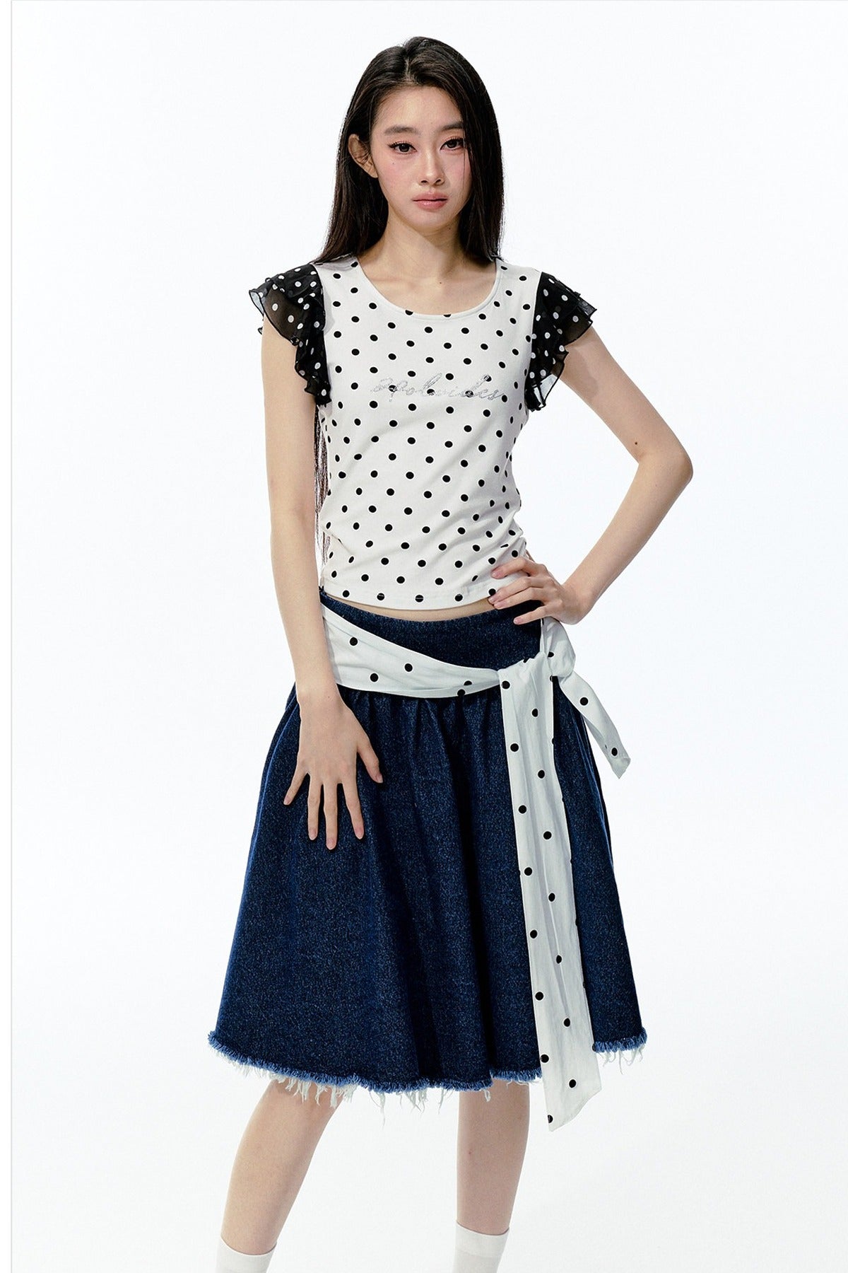 Polka Dot Flutter Sleeve Top Skirt Set-Up