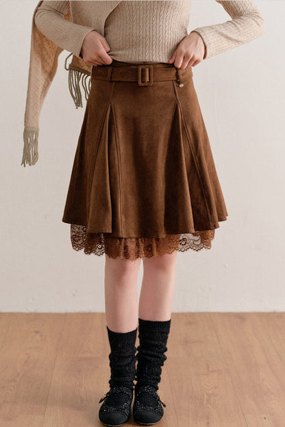 Faux Suede Lace Patchwork Skirt