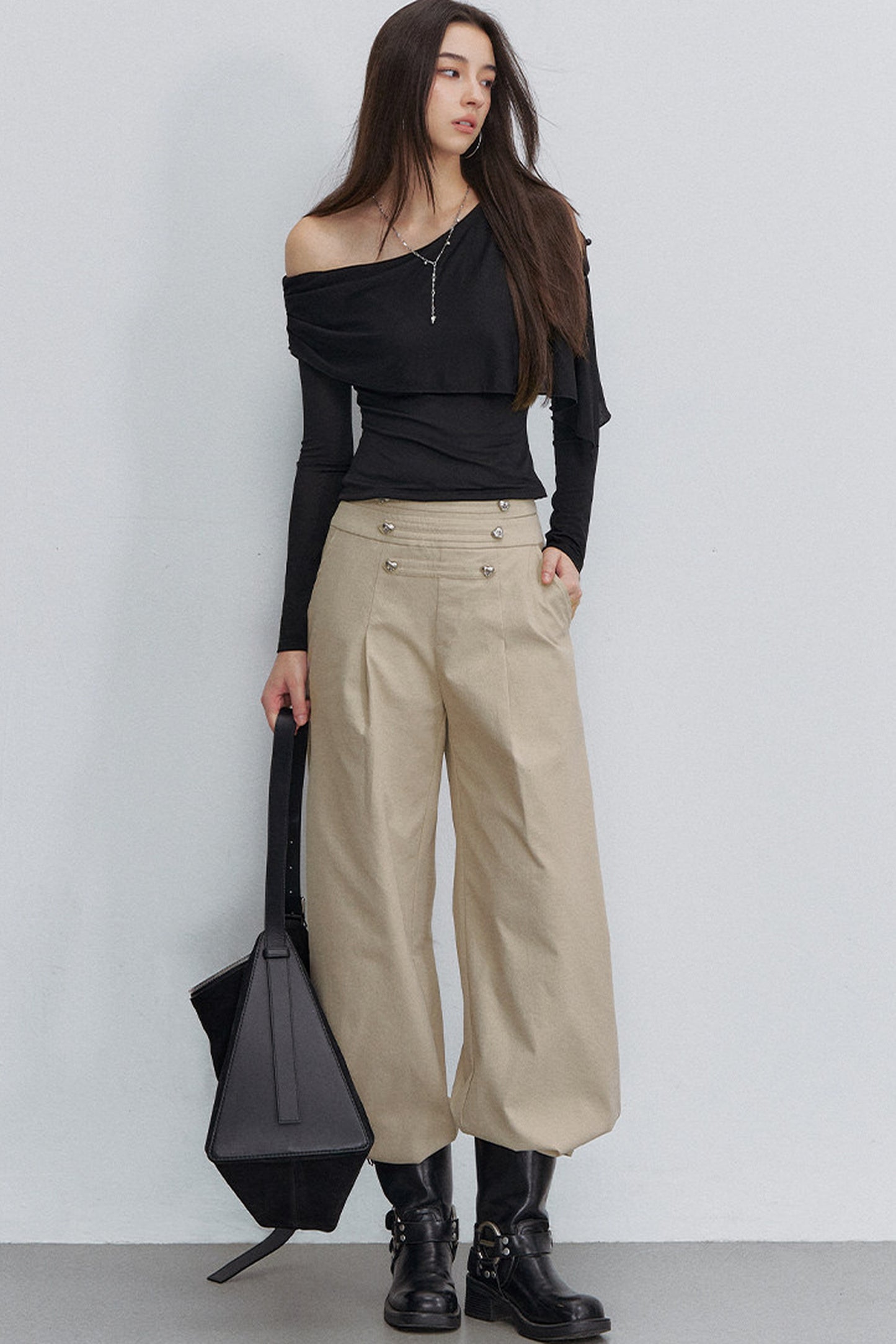 Asymmetric One-Shoulder Button Shawl Long Sleeve Top