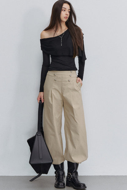 Asymmetric One-Shoulder Button Shawl Long Sleeve Top