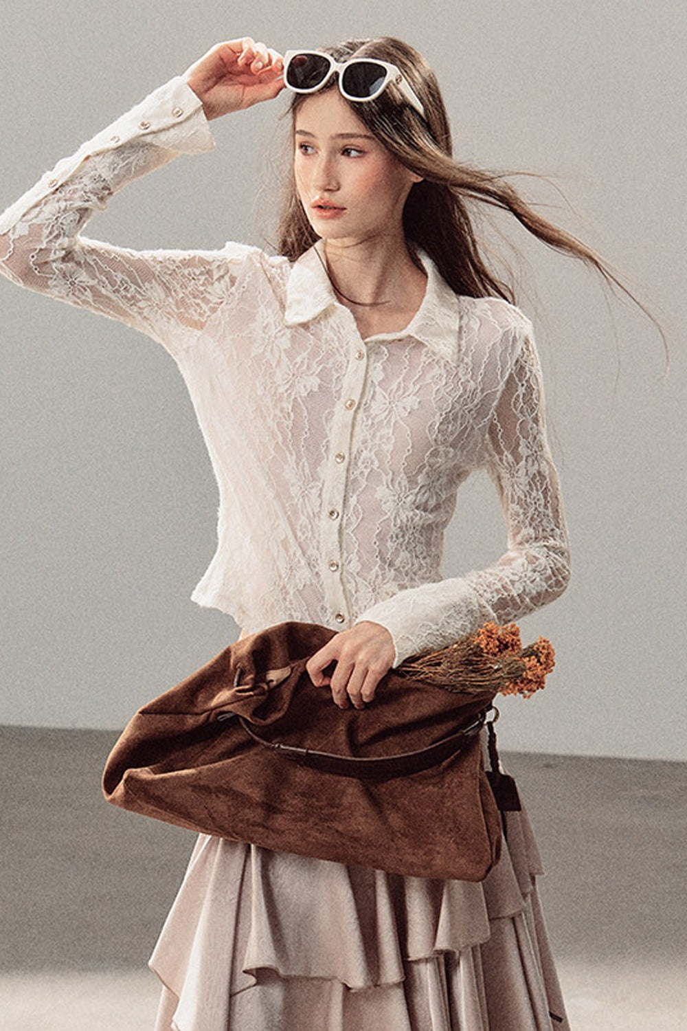 Vine Texture Hollow-Out Lace Polo Shirt