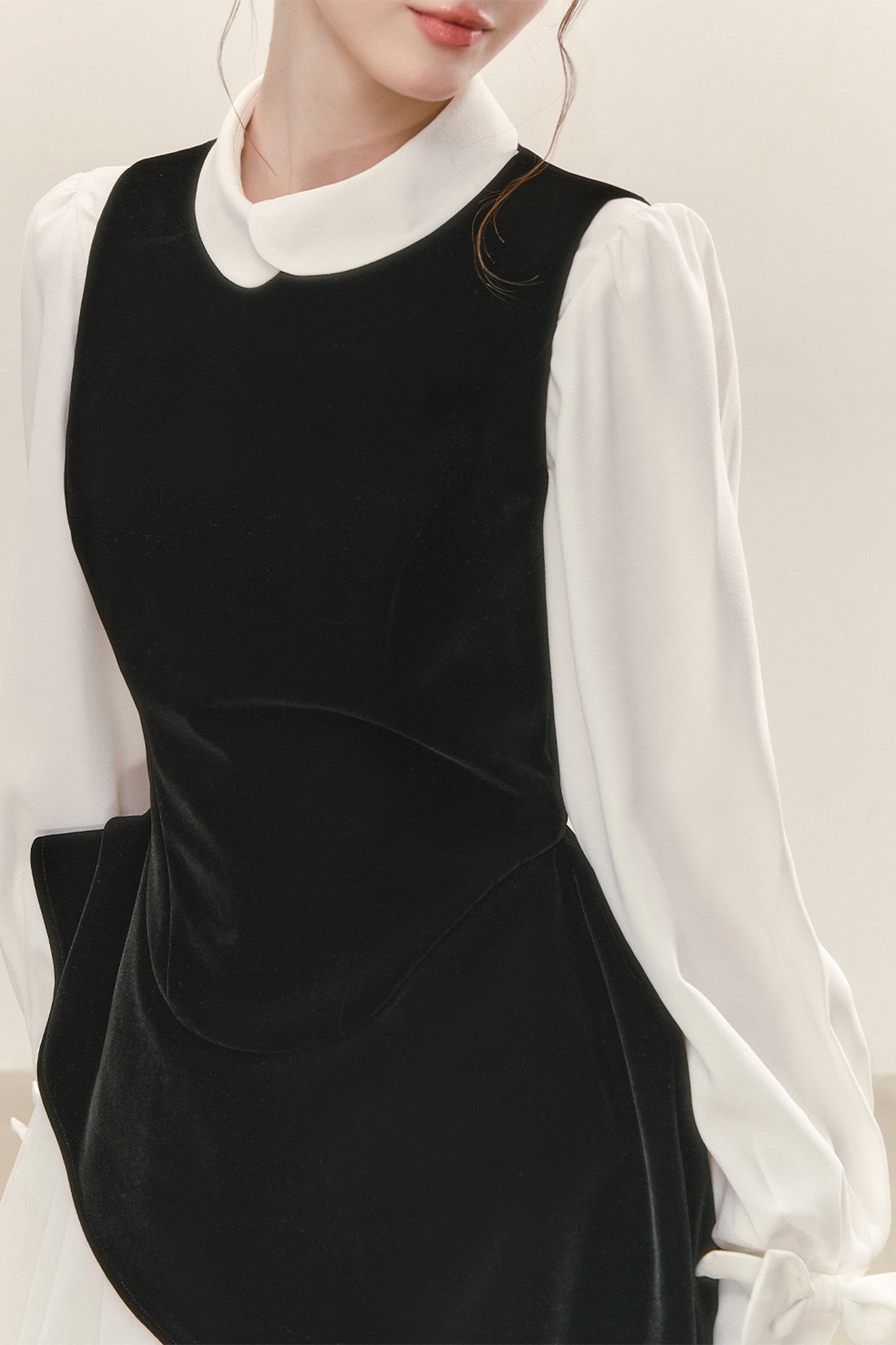 Black Velvet Mesh Overlay Dress and White Shirt Set