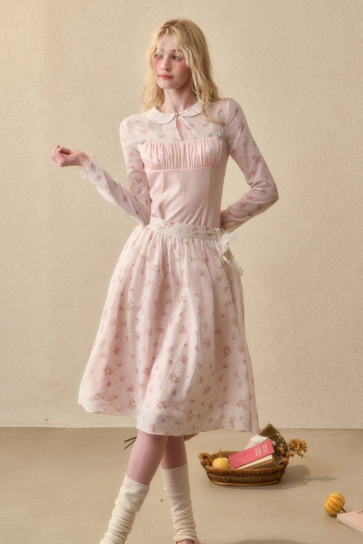 Peach Floral Satin Tencel Dress With Skirt Set-Up