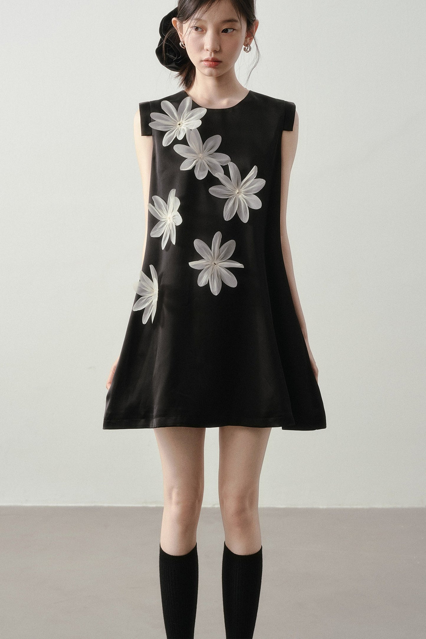 3D Floral Appliqué Satin Sleeveless Dress