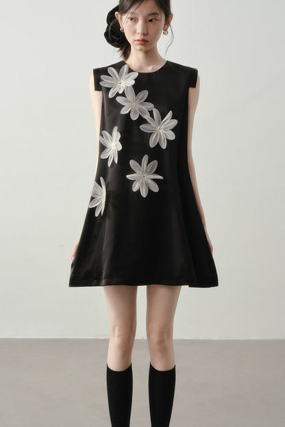 3D Floral Appliqué Satin Sleeveless Dress